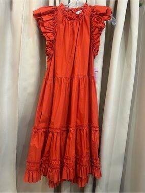 Ulla Johnson Ruffle Tiered Dress in Vibrant Orange-Red